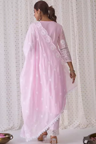 Women Ethnic Motifs Embroidered Regular Chikankari  Cotton Kurta with Trousers & With Dupatta