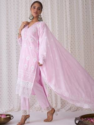 Women Ethnic Motifs Embroidered Regular Chikankari Pure Cotton Kurta with Trousers & With Dupatta 4