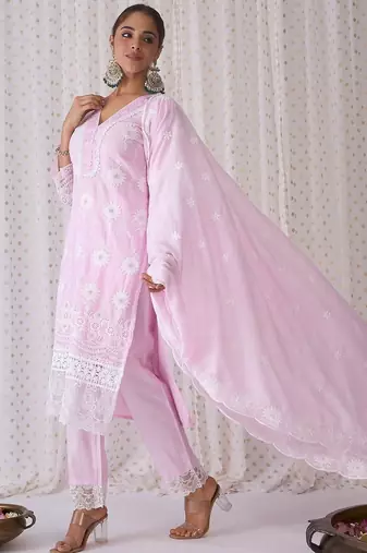 Women Ethnic Motifs Embroidered Regular Chikankari  Cotton Kurta with Trousers & With Dupatta