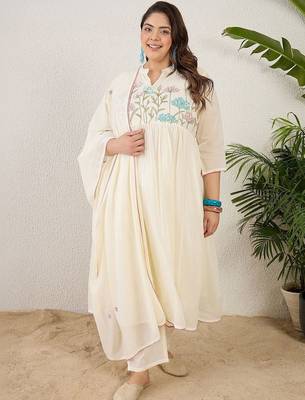 Plus Size Empire Thread Work Pure Cotton Kurta with Trousers & With Dupatta 1