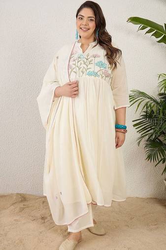 Plus Size Empire Thread Work  Cotton Kurta with Trousers & With Dupatta