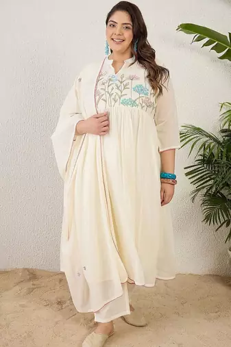 Plus Size Empire Thread Work Pure Cotton Kurta with Trousers & With Dupatta