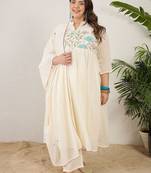 Plus Size Empire Thread Work Pure Cotton Kurta with Trousers & With Dupatta