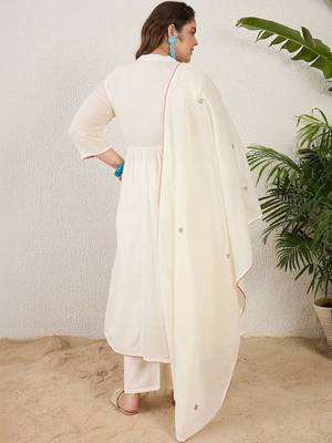 Plus Size Empire Thread Work Pure Cotton Kurta with Trousers & With Dupatta 3