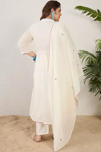 Plus Size Empire Thread Work Pure Cotton Kurta with Trousers & With Dupatta