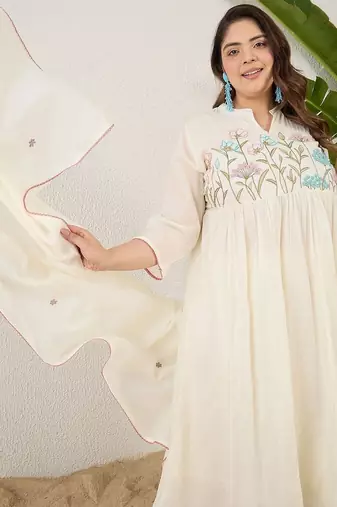 Plus Size Empire Thread Work Pure Cotton Kurta with Trousers & With Dupatta