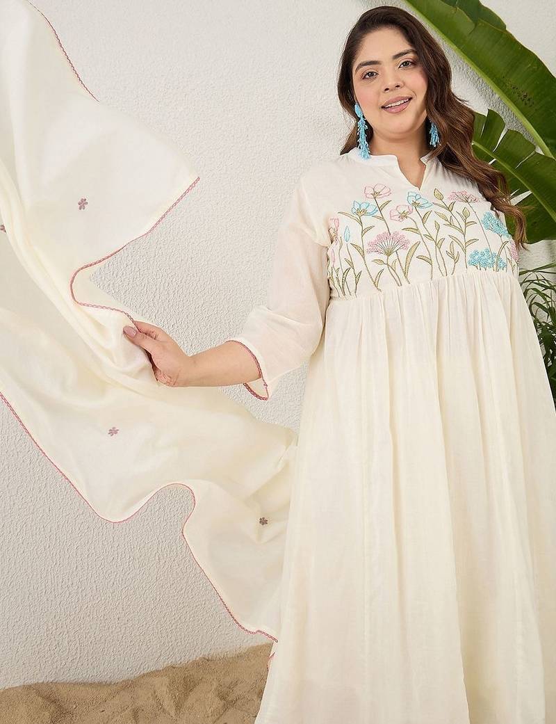 Plus Size Empire Thread Work Pure Cotton Kurta with Trousers & With Dupatta