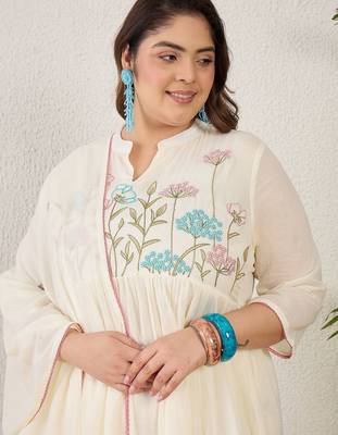 Plus Size Empire Thread Work Pure Cotton Kurta with Trousers & With Dupatta 5
