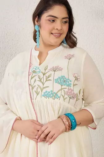 Plus Size Empire Thread Work Pure Cotton Kurta with Trousers & With Dupatta