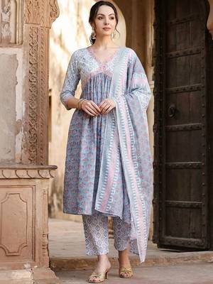 Women Ethnic Motifs Printed Tiered Pure Cotton Kurta with Trousers & With Dupatta 1