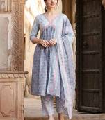 Women Ethnic Motifs Printed Tiered Pure Cotton Kurta with Trousers & With Dupatta