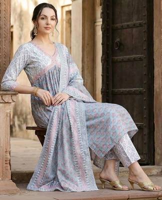Women Ethnic Motifs Printed Tiered Pure Cotton Kurta with Trousers & With Dupatta 2