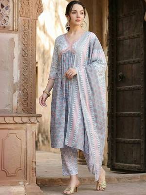 Women Ethnic Motifs Printed Tiered Pure Cotton Kurta with Trousers & With Dupatta 3