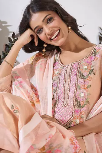 Floral Embroidered Thread Work Pure Cotton Kurta with Trouser & Dupatta