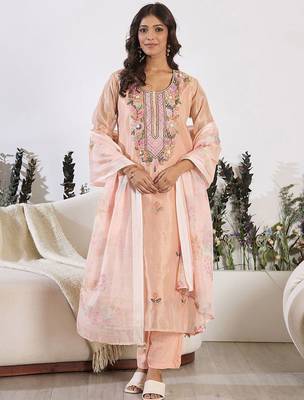 Floral Embroidered Thread Work Pure Cotton Kurta with Trouser & Dupatta 2