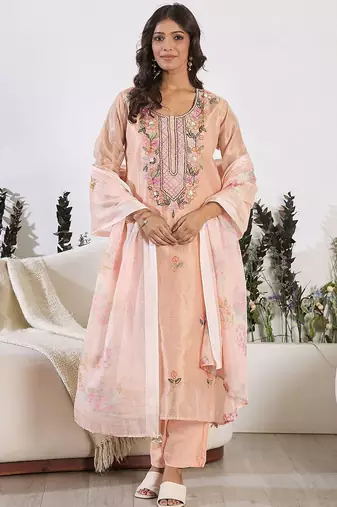 Floral Embroidered Thread Work Pure Cotton Kurta with Trouser & Dupatta