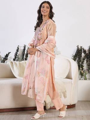 Floral Embroidered Thread Work Pure Cotton Kurta with Trouser & Dupatta 4