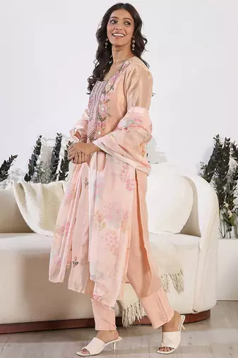 Floral Embroidered Thread Work Pure Cotton Kurta with Trouser & Dupatta