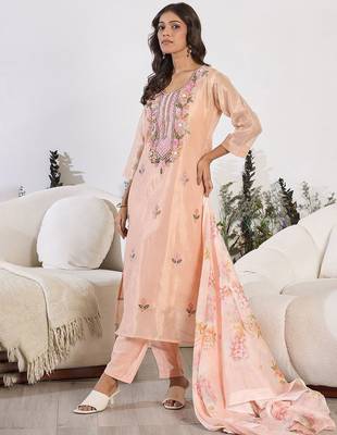 Floral Embroidered Thread Work Pure Cotton Kurta with Trouser & Dupatta 6
