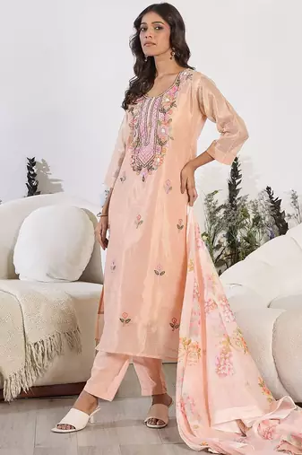 Floral Embroidered Thread Work Pure Cotton Kurta with Trouser & Dupatta