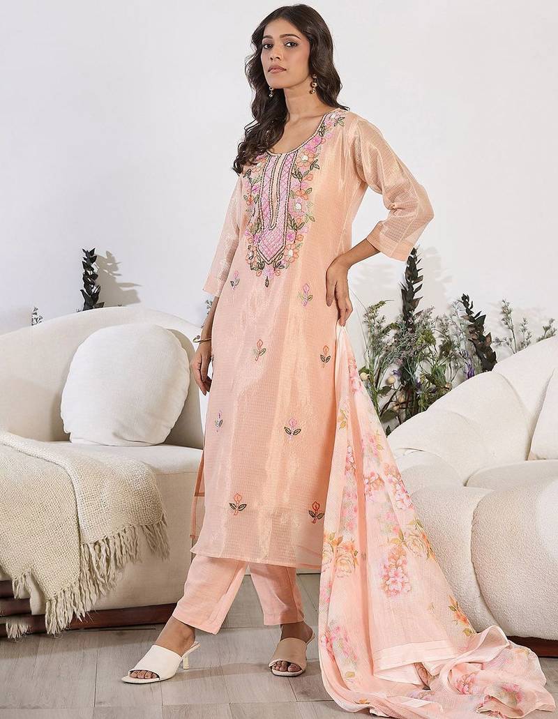 Floral Embroidered Thread Work Pure Cotton Kurta with Trouser & Dupatta