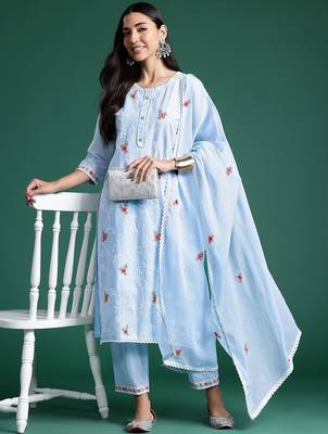 Women Ethnic Motifs Embroidered Regular Thread Work Pure Cotton Kurta with Trousers & With Dupatta 1