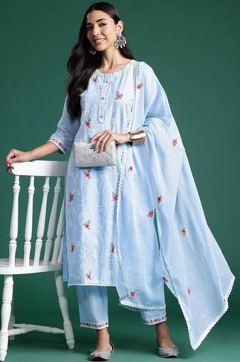 Women Ethnic Motifs Embroidered Regular Thread Work Pure Cotton Kurta with Trousers & With Dupatta