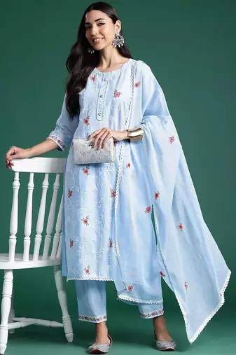 Women Ethnic Motifs Embroidered Regular Thread Work Pure Cotton Kurta with Trousers & With Dupatta
