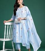 Women Ethnic Motifs Embroidered Regular Thread Work Pure Cotton Kurta with Trousers & With Dupatta