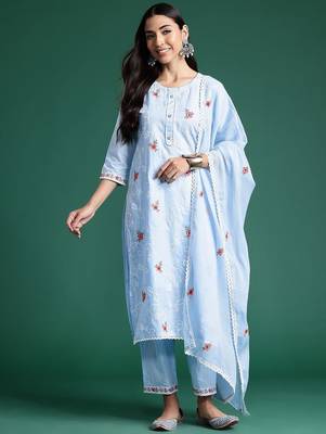 Women Ethnic Motifs Embroidered Regular Thread Work Pure Cotton Kurta with Trousers & With Dupatta 5