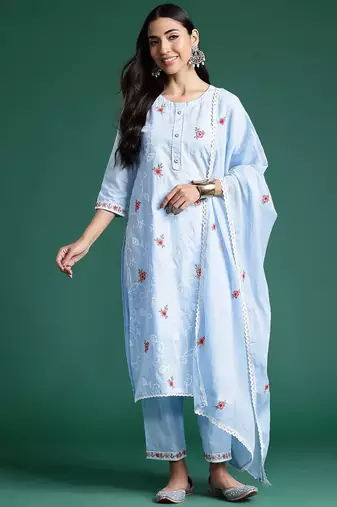 Women Ethnic Motifs Embroidered Regular Thread Work Pure Cotton Kurta with Trousers & With Dupatta