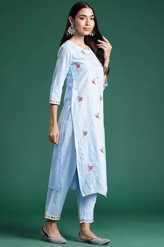 Women Ethnic Motifs Embroidered Regular Thread Work Pure Cotton Kurta with Trousers & With Dupatta