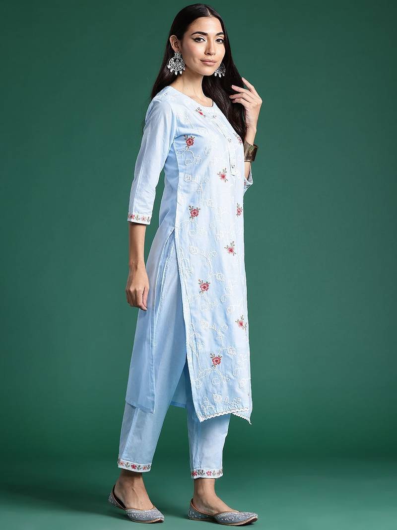 Women Ethnic Motifs Embroidered Regular Thread Work Pure Cotton Kurta with Trousers & With Dupatta