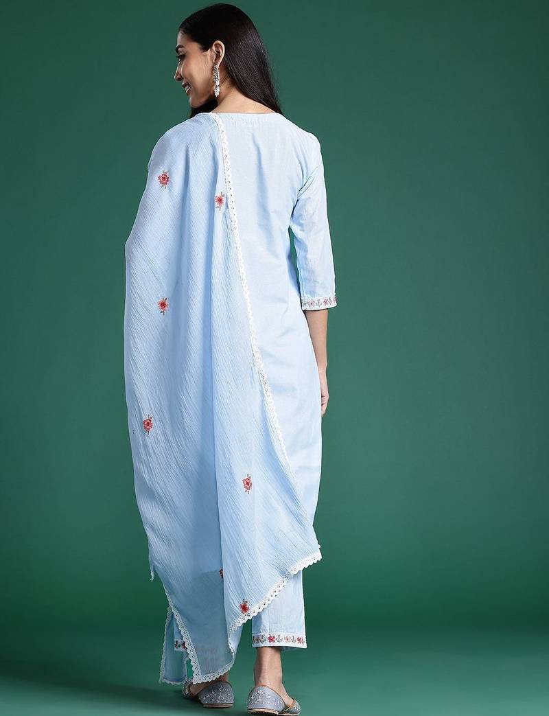 Women Ethnic Motifs Embroidered Regular Thread Work Pure Cotton Kurta with Trousers & With Dupatta