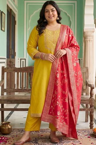 Plus Size Yellow Embroidered Straight Kurta Trousers With Dupatta Set