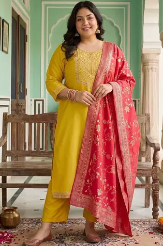 Plus Size Yellow Embroidered Straight Kurta Trousers With Dupatta Set