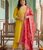 Plus Size Yellow Embroidered Straight Kurta Trousers With Dupatta Set