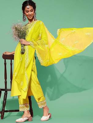 Women Yoke Design Round Neck Kurta With Trousers & Dupatta 7