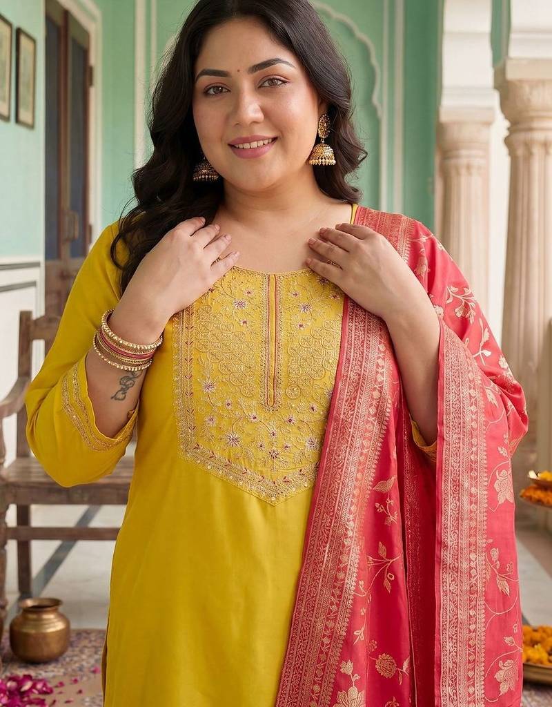Plus Size Yellow Embroidered Straight Kurta Trousers With Dupatta Set