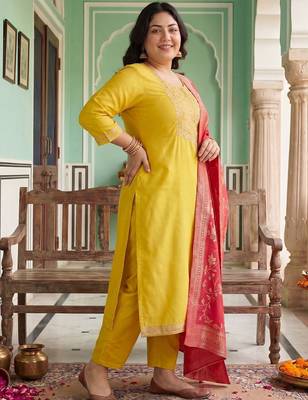 Plus Size Yellow Embroidered Straight Kurta Trousers With Dupatta Set 4