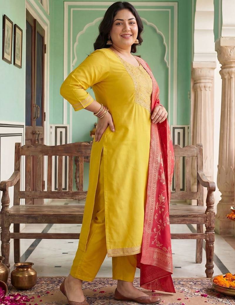 Plus Size Yellow Embroidered Straight Kurta Trousers With Dupatta Set