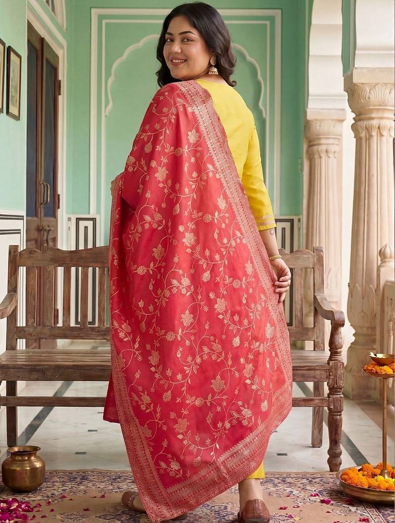Plus Size Yellow Embroidered Straight Kurta Trousers With Dupatta Set