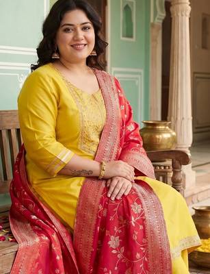 Plus Size Yellow Embroidered Straight Kurta Trousers With Dupatta Set 6
