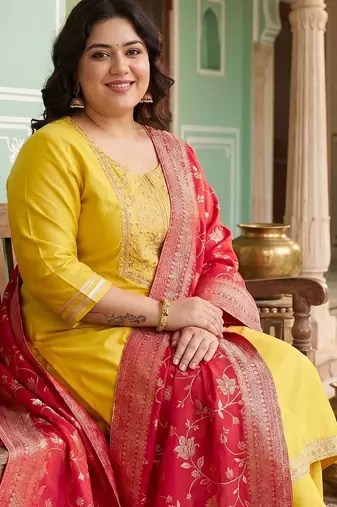 Plus Size Yellow Embroidered Straight Kurta Trousers With Dupatta Set