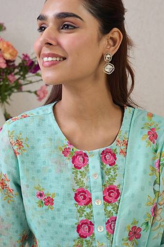 Women Floral Embroidered Thread Work Linen Kurta with Trousers & With Dupatta