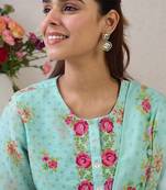 Women Floral Embroidered Thread Work Linen Kurta with Trousers & With Dupatta