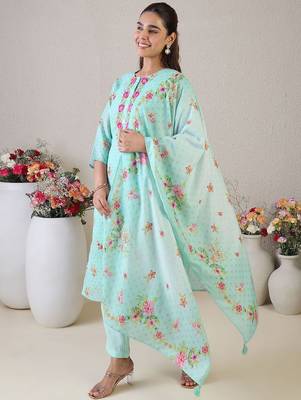Women Floral Embroidered Thread Work Linen Kurta with Trousers & With Dupatta 2
