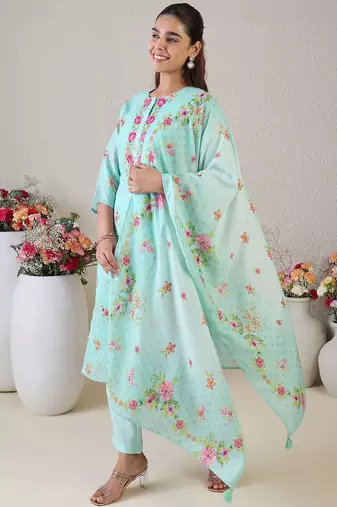 Women Floral Embroidered Thread Work Linen Kurta with Trousers & With Dupatta