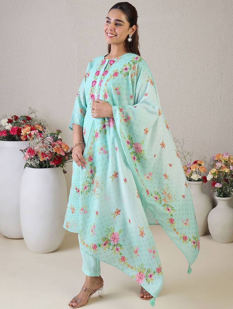 Women Floral Embroidered Thread Work Linen Kurta with Trousers & With Dupatta