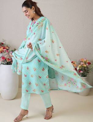 Women Floral Embroidered Thread Work Linen Kurta with Trousers & With Dupatta 4